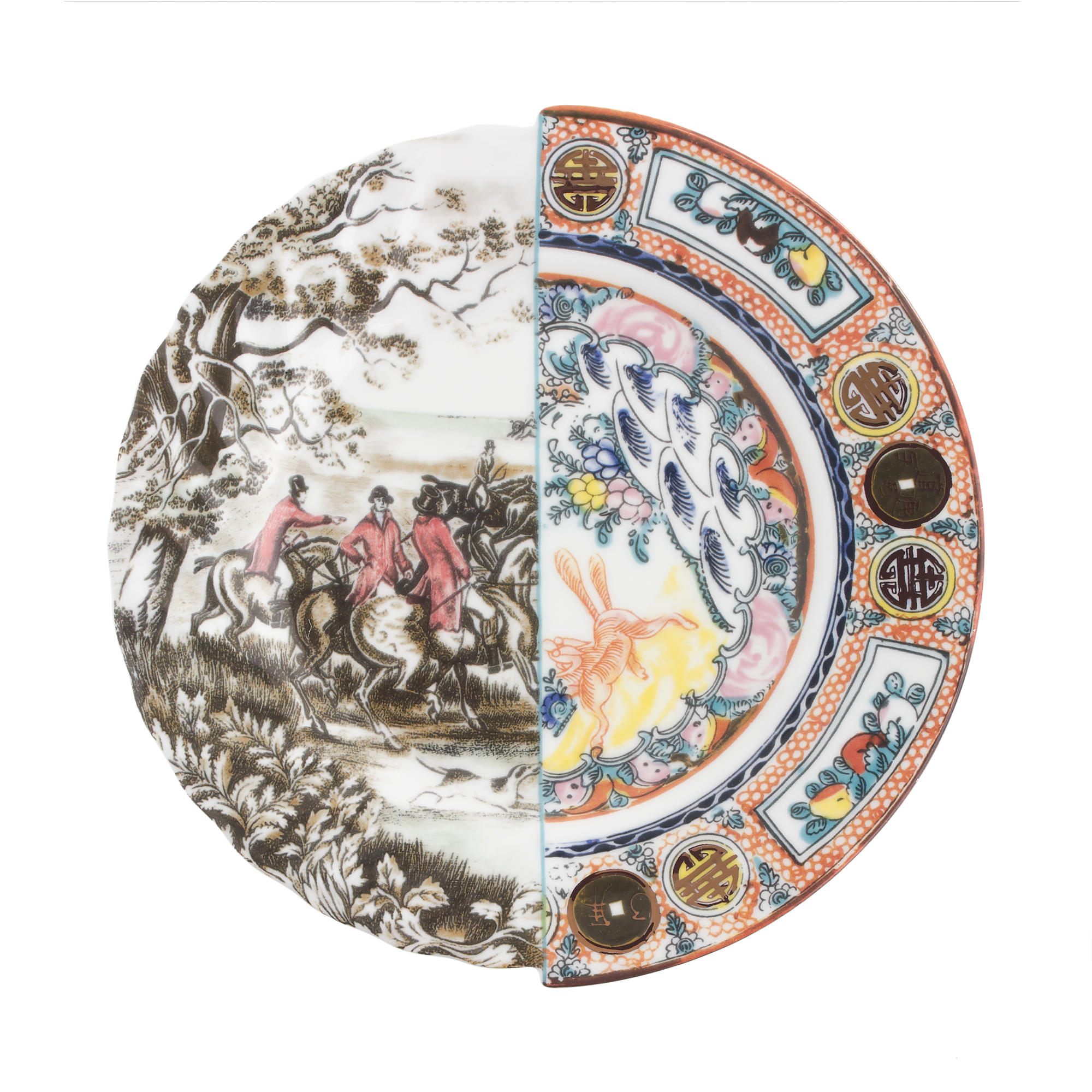 The Seletti Eusapia Hyprid Dinner Plate is painted with a European or Asian motif, then sliced in half and re-combined to juxtapose clashing scenes — More Hostess Gift Ideas on @SavvyHome