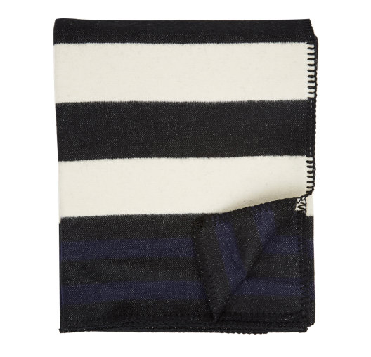 The News black, white and blue stripe-pattern wool Smokestack blanket is made in Norway from 100% wool — more gift ideas for her on @SavvyHome
